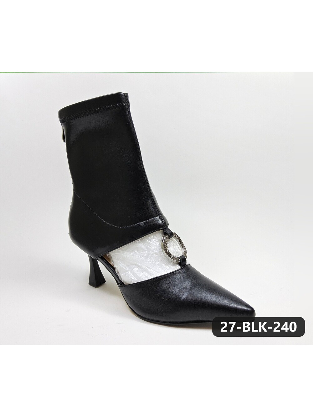 Women's Black Pointed-Toe Ankle Boots with Ring-Buckle Cutout